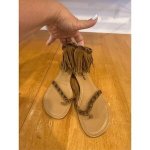 Minnetonka Brown Suede Fringe Beaded Sandals SZ 9